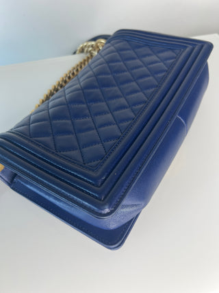 Chanel Medium Boy Bag Navy Blue Quilted Lambskin Leather Gold Tone Hardware Shoulder Bag