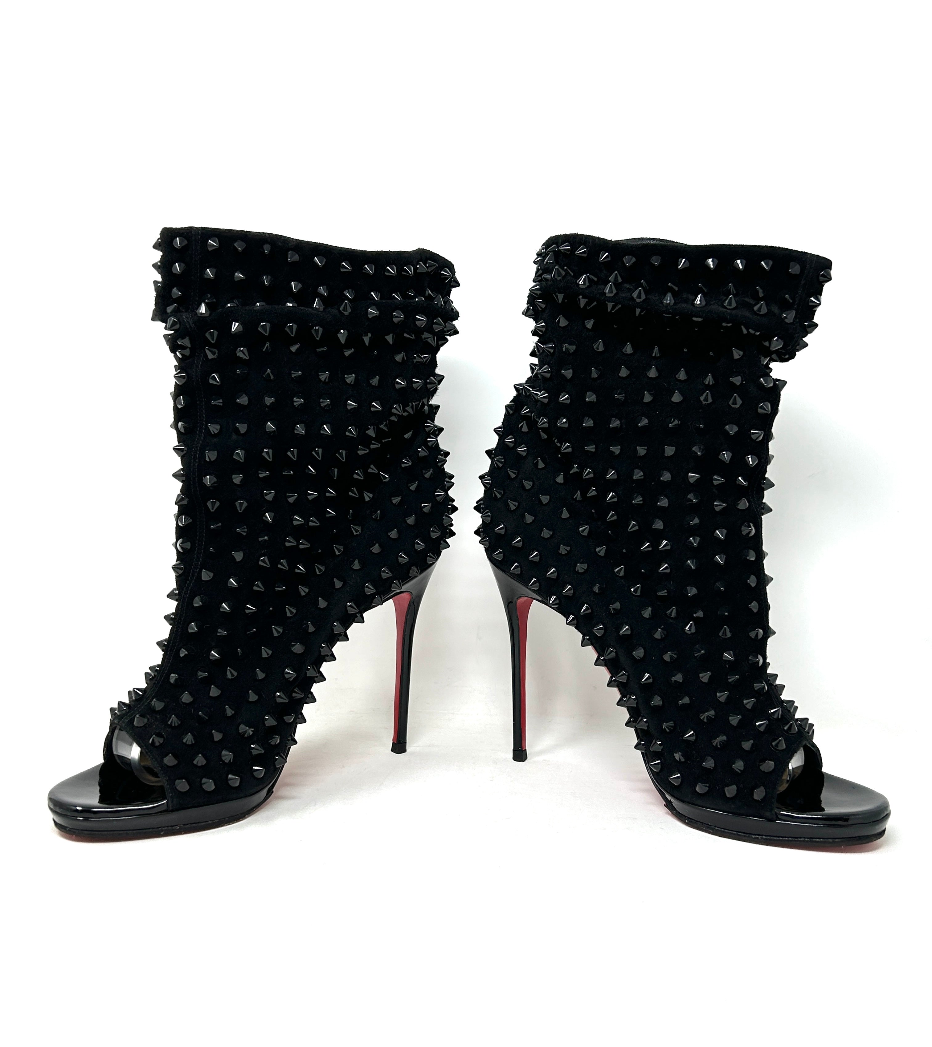 Christian Louboutin Guerilla 100 Black Suede Spike Open Toe Bootie