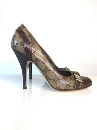 Gucci GG Canvas Leather Bow Brown Pumps Heels – Size 39 UK 6