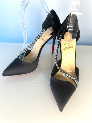 Christian Louboutin Krystal Cross 100 Black Satin Heels 38.5 UK5.5