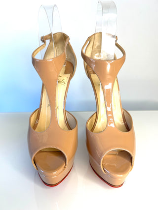 Christian Louboutin Jilopa 150mm Nude Patent Leather T-Strap Heels – EU 38 / UK 5