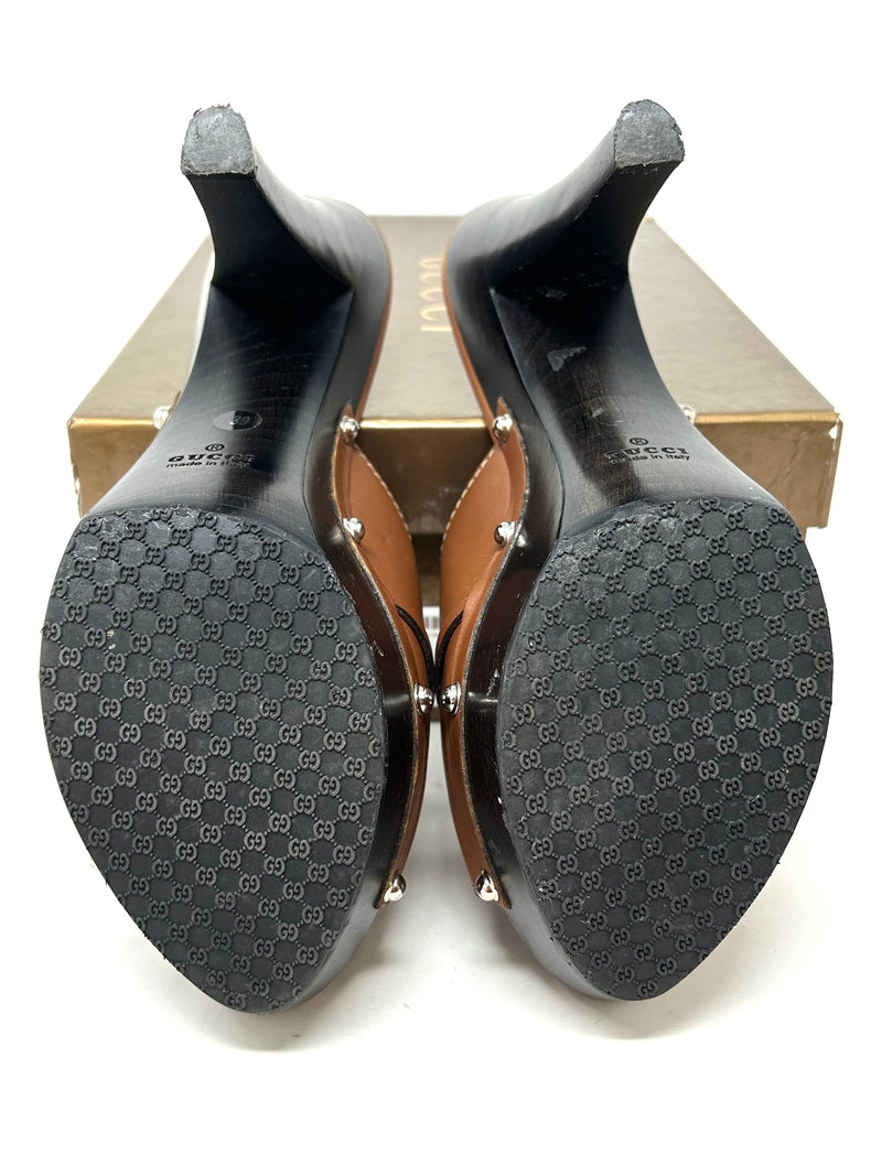 Gucci Horsebit Brown Leather Platform Peep Toe Clog Heels