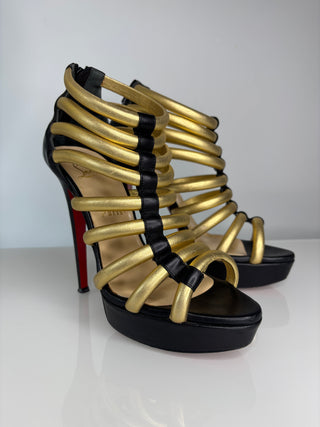 Christian Louboutin Romaine Gladiator Gold Black Platform Sandals 38.5 UK5.5