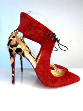 Christian Louboutin Ferme Rouge stiletto pumps in red suede with leopard-print heels and lace tie up at front