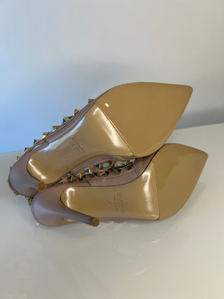 Valentino Garavani Rockstud 100 Caged Ankle Strap Beige Leather Heels 38 UK5