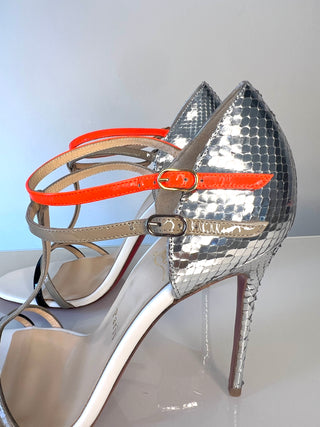 Christian Louboutin Multicolour T-Strap Silver Snakeskin Effect Heels Sandals – Size 38 UK 5
