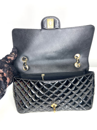 Chanel Preloved Classic Flap Black Patent Leather Heart Charms Shoulder Bag