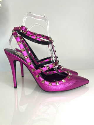 Valentino Garavani Rockstud 100 Metallic Pink Textured Leather Sandals Heels 40 UK7