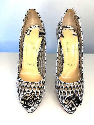 Christian Louboutin Fetish Satin Fishnet Lace Peep-Toe Platform Heels 38 UK5