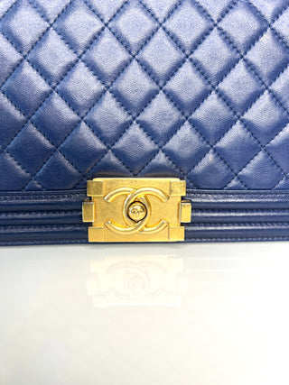 Chanel Medium Boy Bag Navy Blue Quilted Lambskin Leather Gold Tone Hardware Shoulder Bag