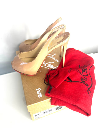 Christian Louboutin Preloved Private Number 120 Nude Patent Peep-toe Slingback Heels 37 UK4