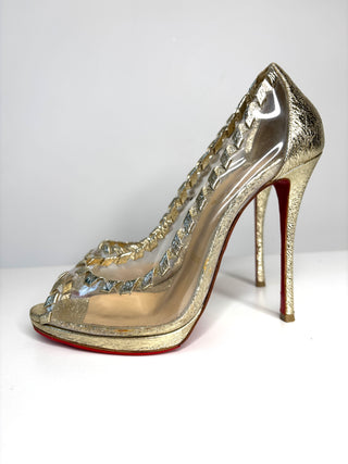 Pre-loved Christian Louboutin Hargaret 120 Gold PVC Heels small fit 38 UK5