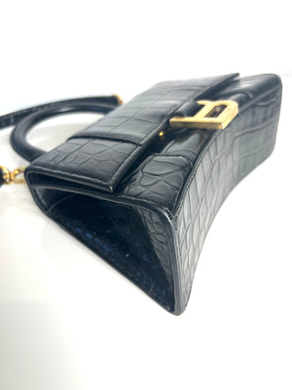 Balenciaga Preloved Hourglass XS Black Croc-Embossed Top Handle Shoulder Bag