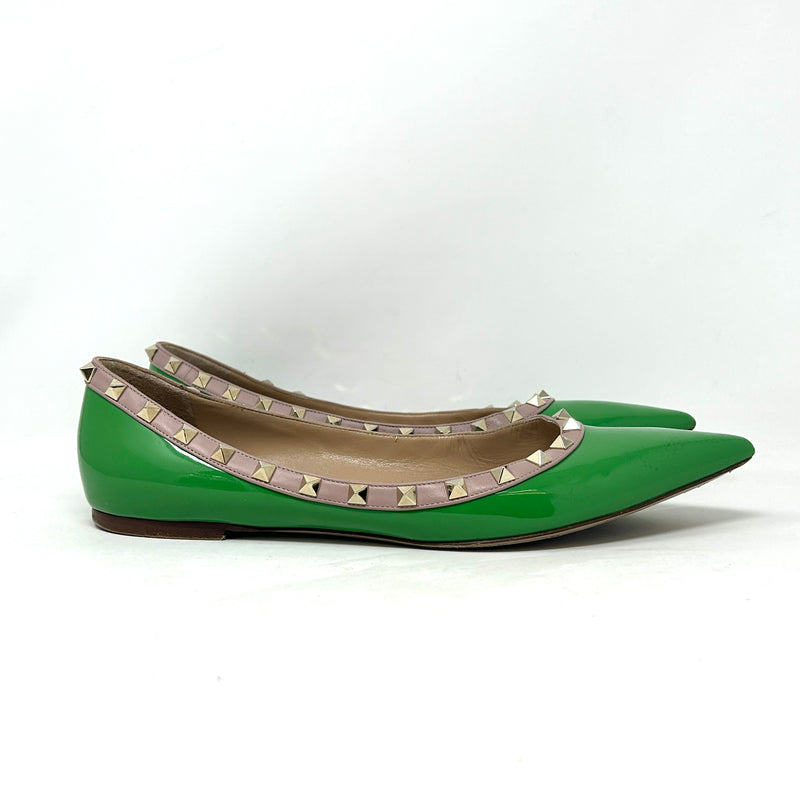 Valentino Garavani Rockstud Green Patent Nude Leather Ballerina Flats 42 UK 9