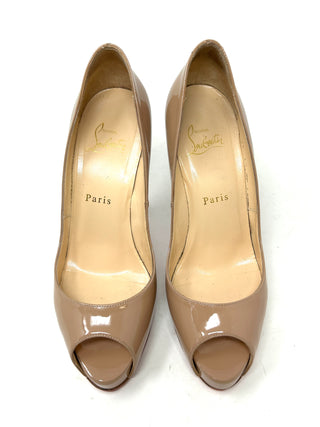 Christian Louboutin Very Prive 120 Nude Patent Leather Peep Toe Heels 37.5 UK 4.5