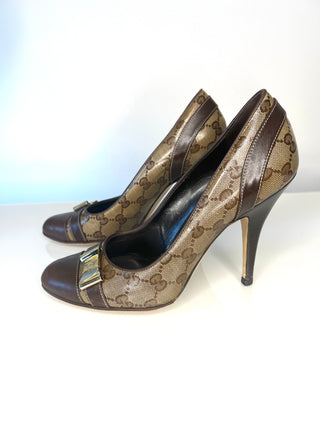 Gucci GG Canvas Leather Bow Brown Pumps Heels – Size 39 UK 6
