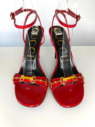 Gucci Moorea  Horsebit Red Patent Leather Ankle Strap Heeled Sandals 38 UK5