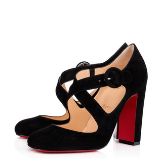 Christian Louboutin Black Suede Buckle Strap Block Heels 