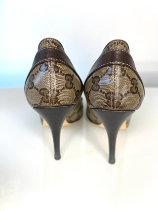 Gucci GG Canvas Leather Bow Brown Pumps Heels – Size 39 UK 6
