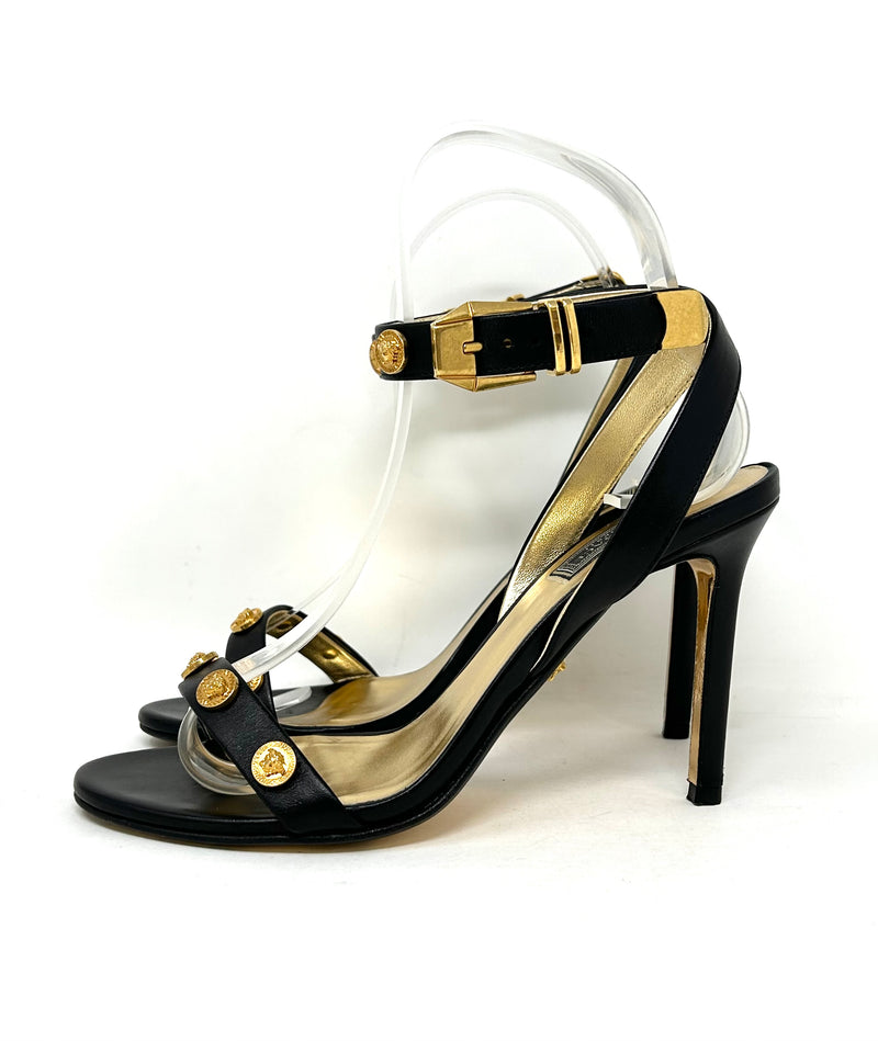 Versace Black Leather Medusa Medal Studded Heel Sandals