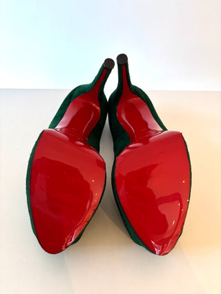 Christian Louboutin Palais Royal 140 Green Suede Peep-Toe Heels 38 UK5