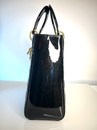 Dior Large Lady Dior Black Patent Leather Handbag