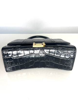 Balenciaga Preloved Hourglass XS Black Croc-Embossed Top Handle Shoulder Bag