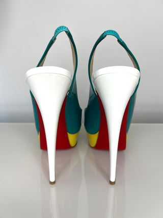 Christian Louboutin Lady Peep Sling 150 Jade Mimosa Patent Leather Platform Heels 39 UK6