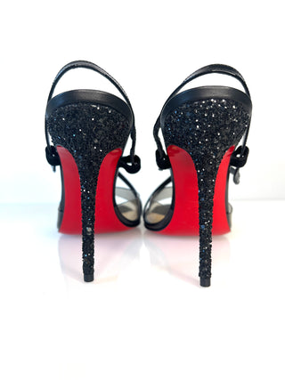 Christian Louboutin Coup de Bleu 100 Black Patent Leather & Glitter Sandals – Small Size 39 UK6