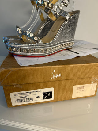 Christian Louboutin Pyraclou 110 Silver Specchio Vintage Leather Wedge Sandals 40 UK7