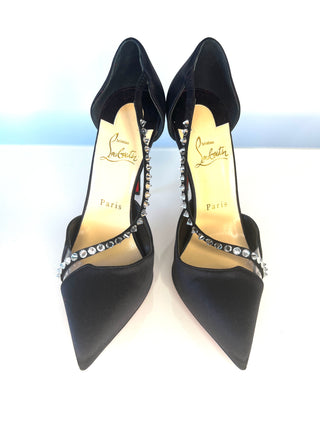 Christian Louboutin Krystal Cross 100 Black Satin Heels 38.5 UK5.5