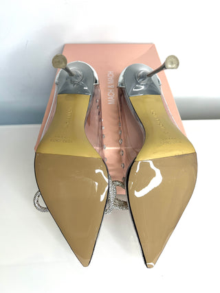 Mach & Mach Double Bow Silver PVC Crystal Embellished Heels 41 UK8