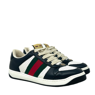 Gucci Mens Black And White Leather Web Stripe Low Top Sneakers