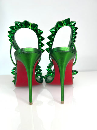 Christian Louboutin Spikita Strap 100 Green Leather Sandals 38.5 UK5.5
