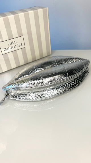 Lulu Guinness Silver Snakeskin Leather Padded Lips Clutch Bag