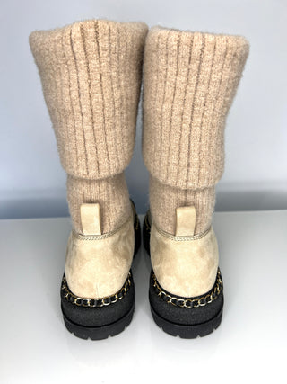 Chanel Beige Suede and Knit Chain Detail Boots 39 UK6