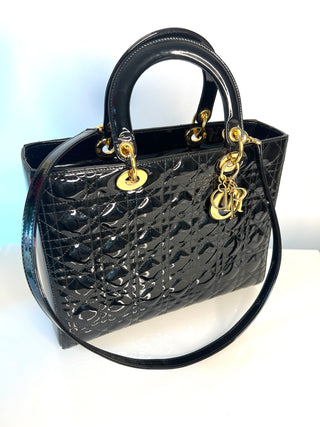 Dior Large Lady Dior Black Patent Leather Handbag