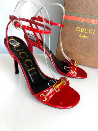 Gucci Moorea  Horsebit Red Patent Leather Ankle Strap Heeled Sandals 38 UK5