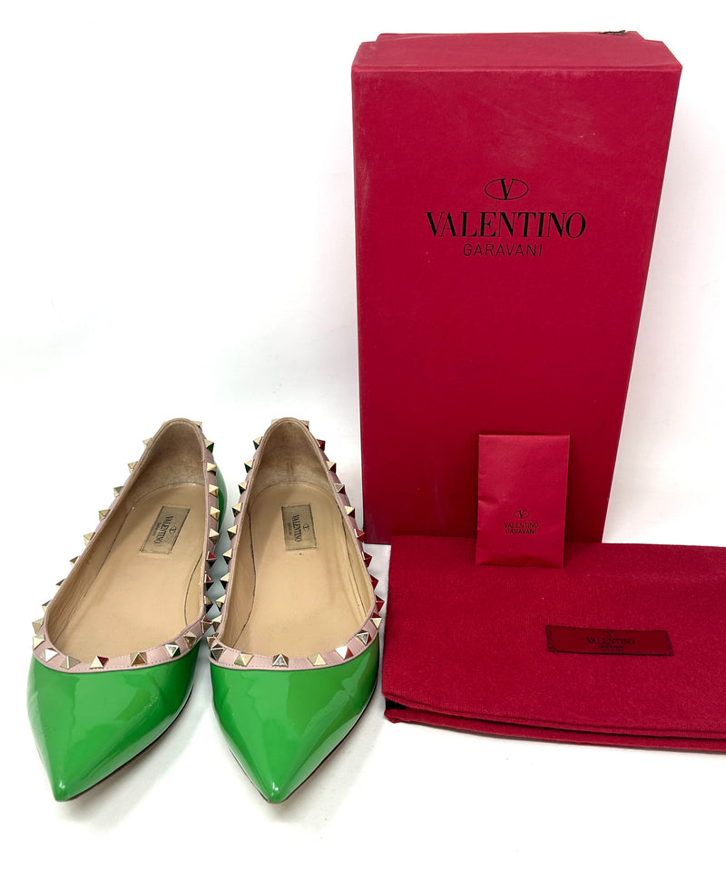 Valentino Garavani Rockstud Green Patent Nude Leather Ballerina Flats 42 UK 9