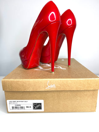 Christian Louboutin Lady Peep 150 Deep Red Patent Leather Platform Heels – 38.5 / UK 5.5