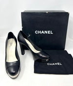 Chanel Black Leather Silver Logo Platform Cap Toe Pump Block Heels 37 UK 4