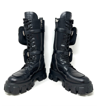 Prada Black Leather Nylon Tall Combat Boots