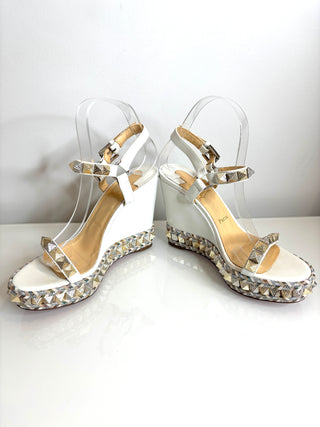 Christian Louboutin Pyraclou 110 Latte White Wedge Sandals 39 UK6