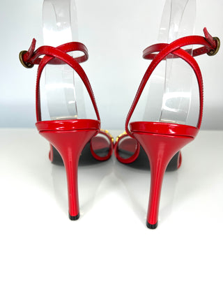 Gucci Moorea  Horsebit Red Patent Leather Ankle Strap Heeled Sandals 38 UK5