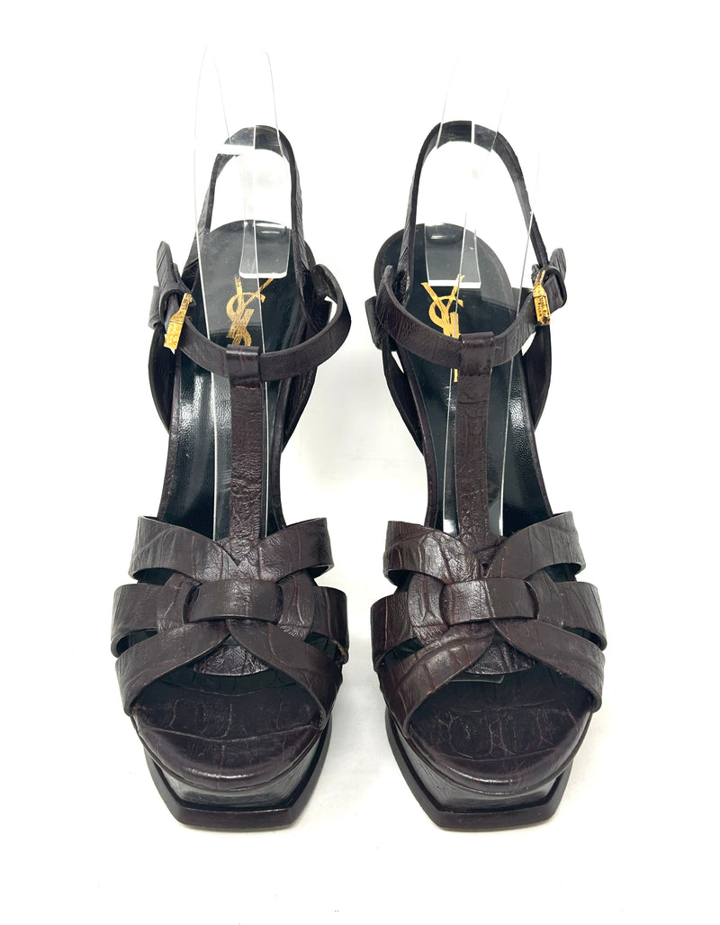 Saint Laurent Tribute Dark Brown Croc Embossed Leather Platform Sandals 38.5 UK 5.5