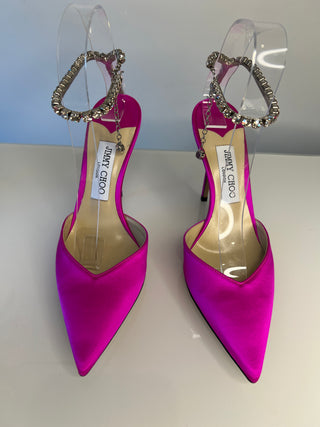 Jimmy Choo Saeda 100 Fuchsia Pink Satin Crystal Strap Heels 38.5 UK5.5