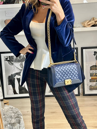 Chanel Medium Boy Bag Navy Blue Quilted Lambskin Leather Gold Tone Hardware Shoulder Bag