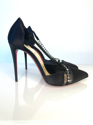 Christian Louboutin Krystal Cross 100 Black Satin Heels 38.5 UK5.5
