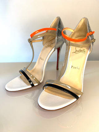 Christian Louboutin Multicolour T-Strap Silver Snakeskin Effect Heels Sandals – Size 38 UK 5