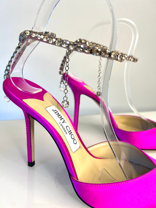 Jimmy Choo Saeda 100 Fuchsia Pink Satin Crystal Strap Heels 38.5 UK5.5